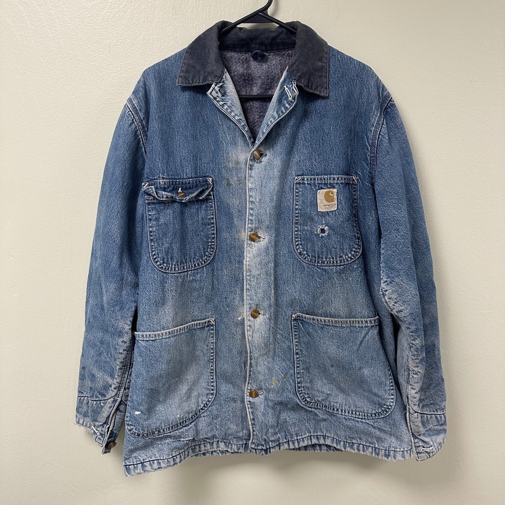 Vintage Carhartt Denim Chore Coat Blanket Lined Distressed Blue 40L Work Jacket